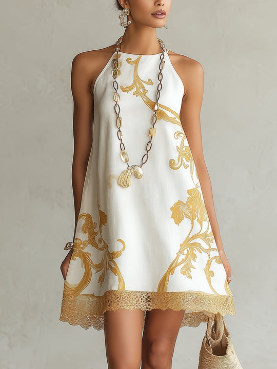 Héloïse | Mini Dress in White Lace with Golden Patterns