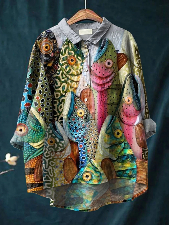 Esme | Vintage Funny Fish Art Print Casual Shirt