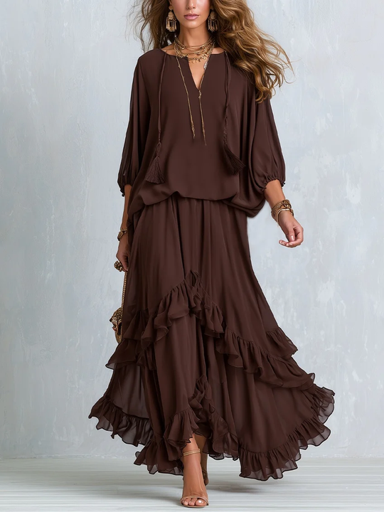 Ondine | Brown Chiffon Top with Fringes and Flared Skirt