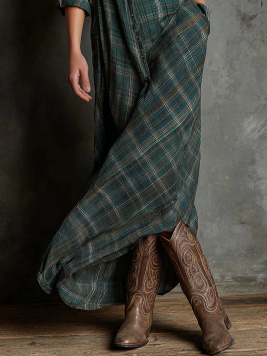 Margaux | Long Shirt Dress with Green Gingham Collar