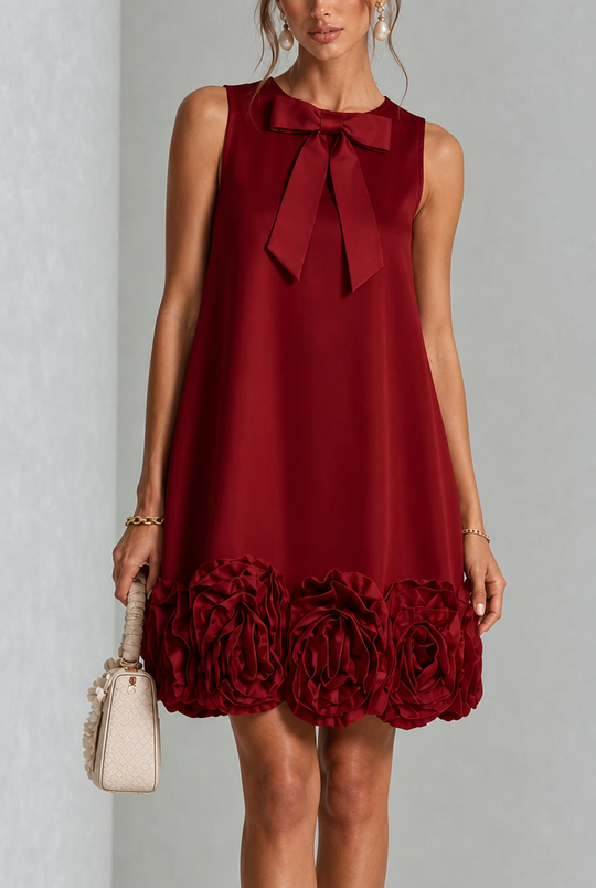 Emery | Elegant Bow Neck Floral Hem Dress