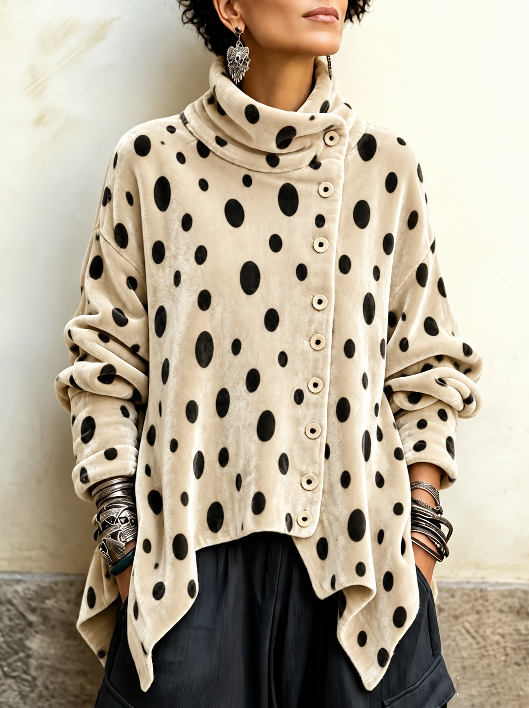 Women's Polka Dot Velvet Cowl Neck Top