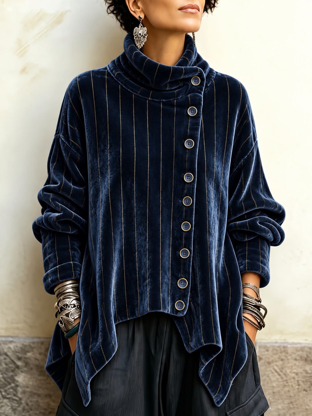 Navy Striped Tunic with Funnel Neck