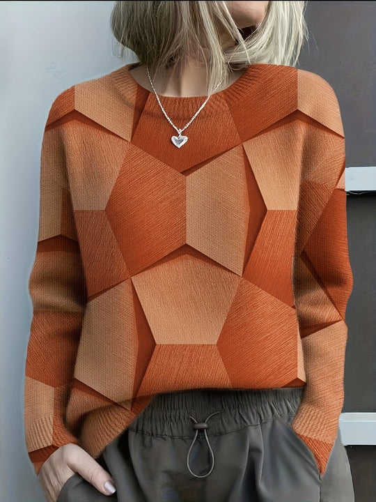 Charlotte - Women's Long-Sleeve Geometric Print Knit Sweater Crewneck Top