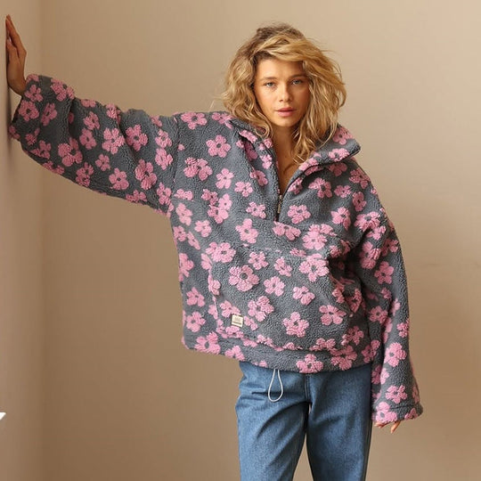 Penelope - Women's Oversized Floral Sherpa Fleece Half-Zip Pullover Sweater