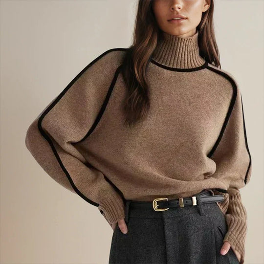 Camila - Women's Oversized Turtleneck Colorblock Knit Sweater
