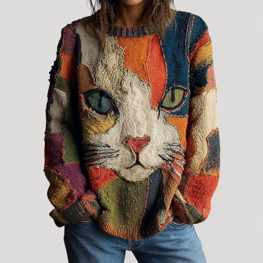 Layla - Women's Relaxed-Fit Cat Graphic Crewneck Knit Sweater