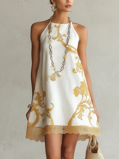 Héloïse | Mini Dress in White Lace with Golden Patterns