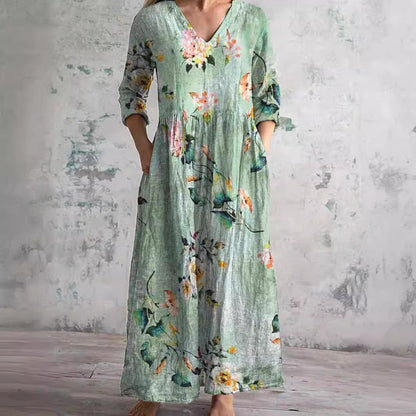 Dearyn | Summer Maxi Dress with V-Neck and Floral Pattern