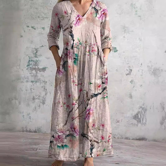 Dearyn | Summer Maxi Dress with V-Neck and Floral Pattern