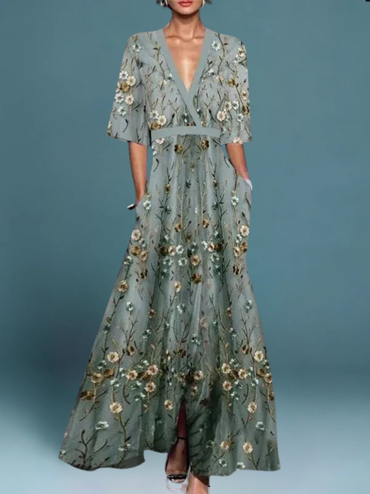 Hazel | Elegant V-Neck Belted Boho Maxi Dress