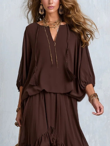 Ondine | Brown Chiffon Top with Fringes and Flared Skirt