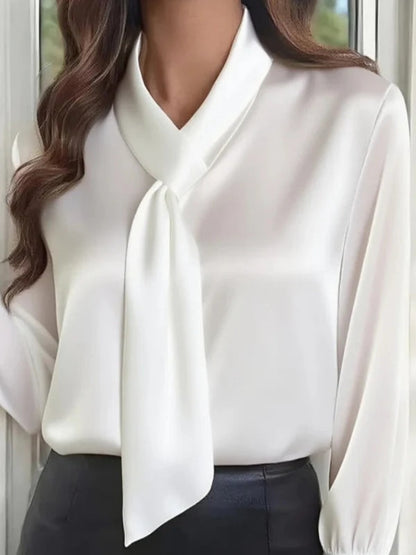 Solid Color Long-sleeved Bow Tie Casual Shirt