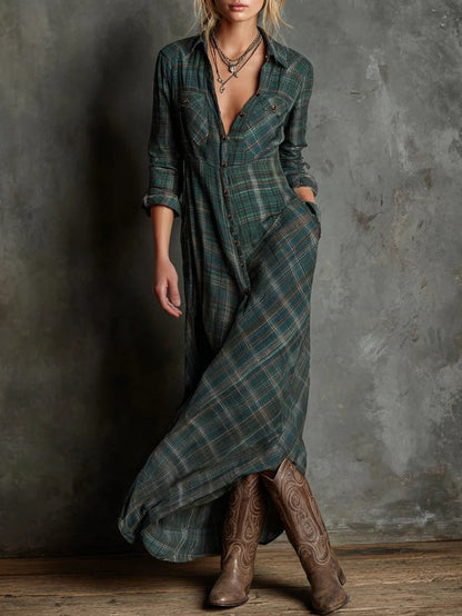 Margaux | Long Shirt Dress with Green Gingham Collar