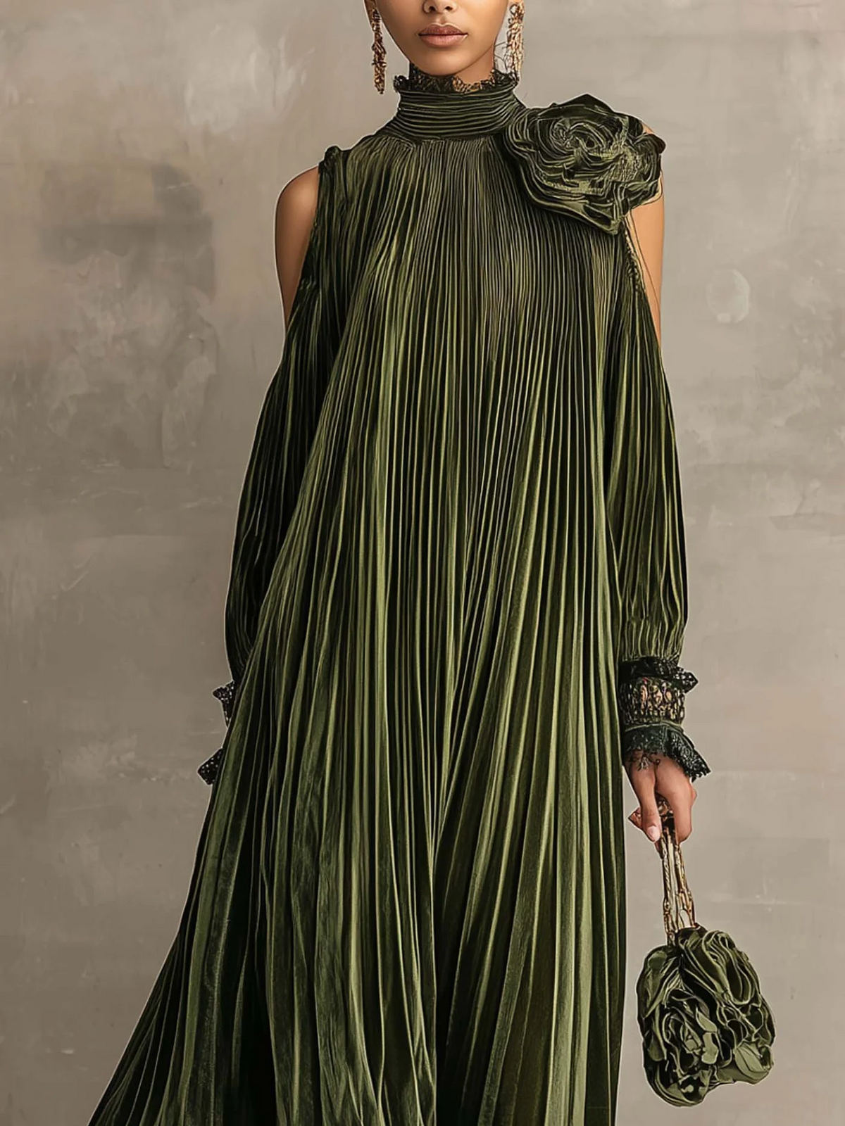 Jaclyn™ | Pleated Maxi Dress With Floral Shoulder Detail