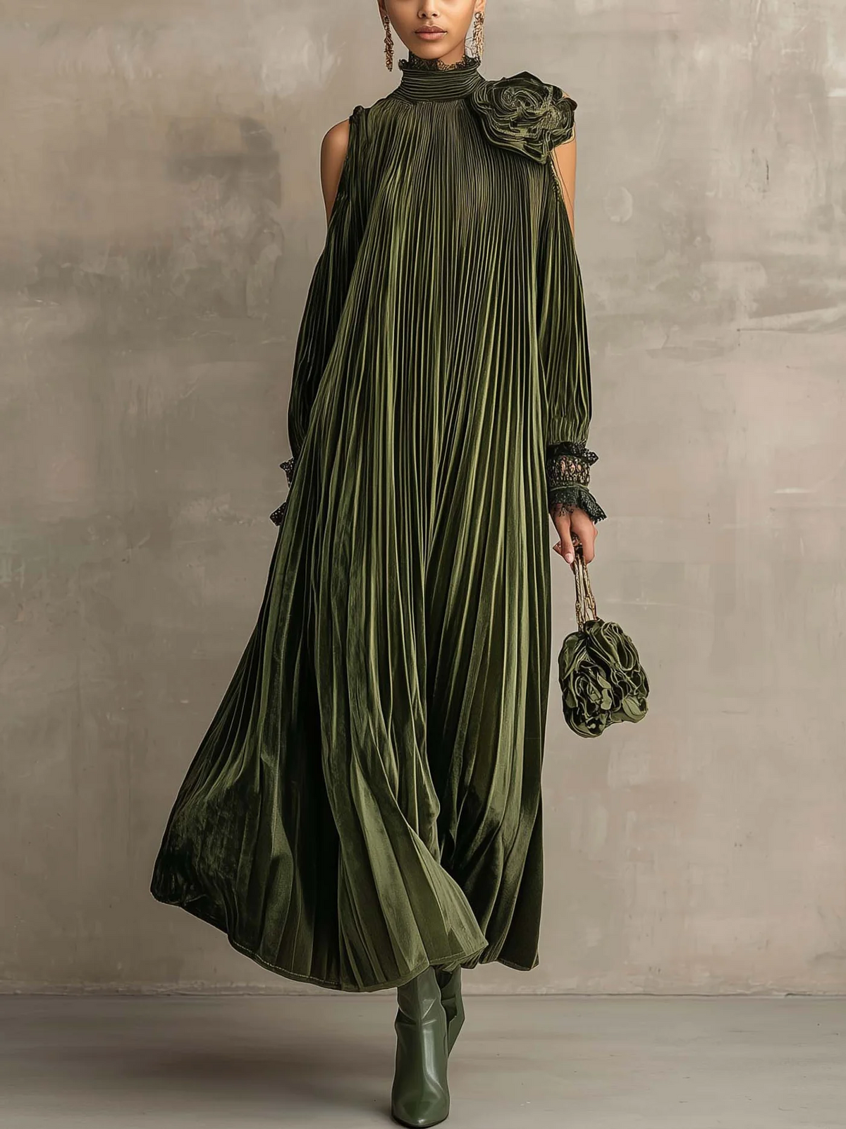Jaclyn™ | Pleated Maxi Dress With Floral Shoulder Detail