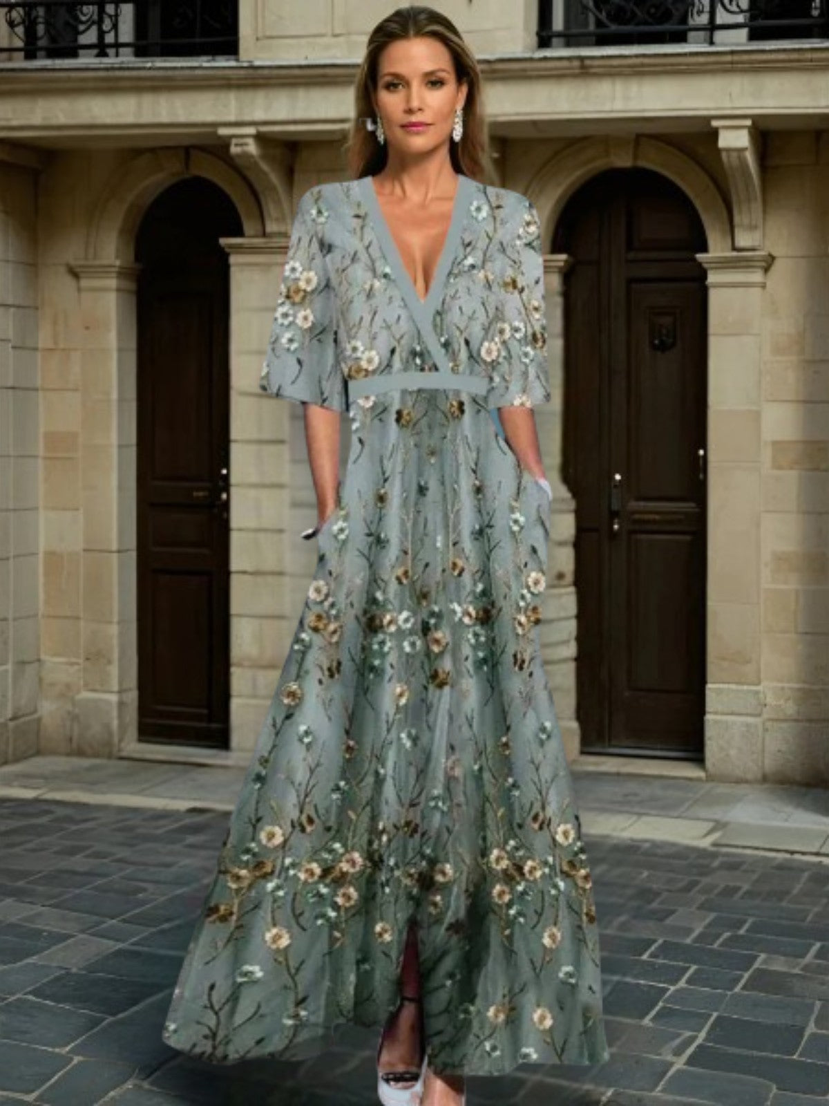Hazel | Elegant V-Neck Belted Boho Maxi Dress