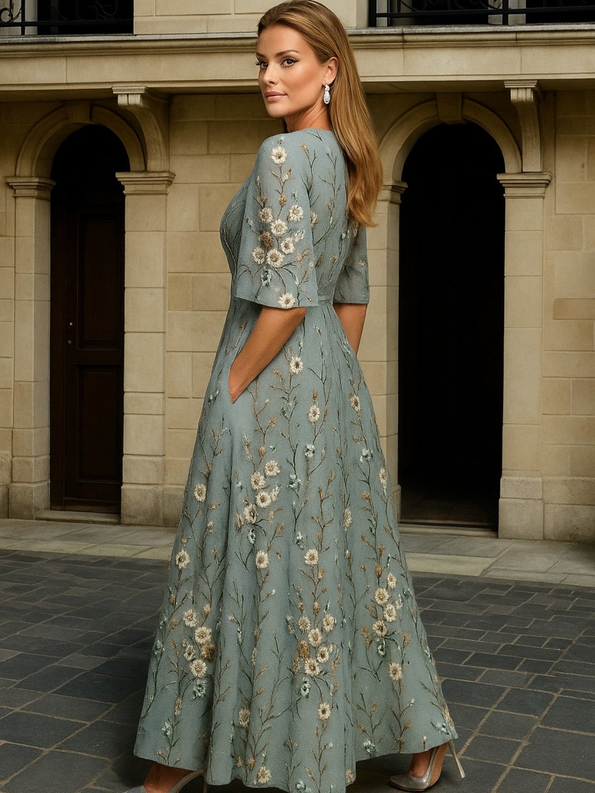 Hazel | Elegant V-Neck Belted Boho Maxi Dress