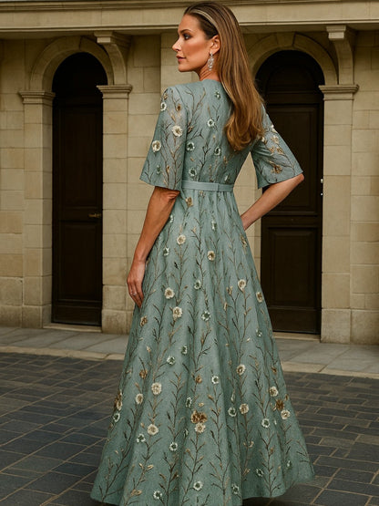 Hazel | Elegant V-Neck Belted Boho Maxi Dress