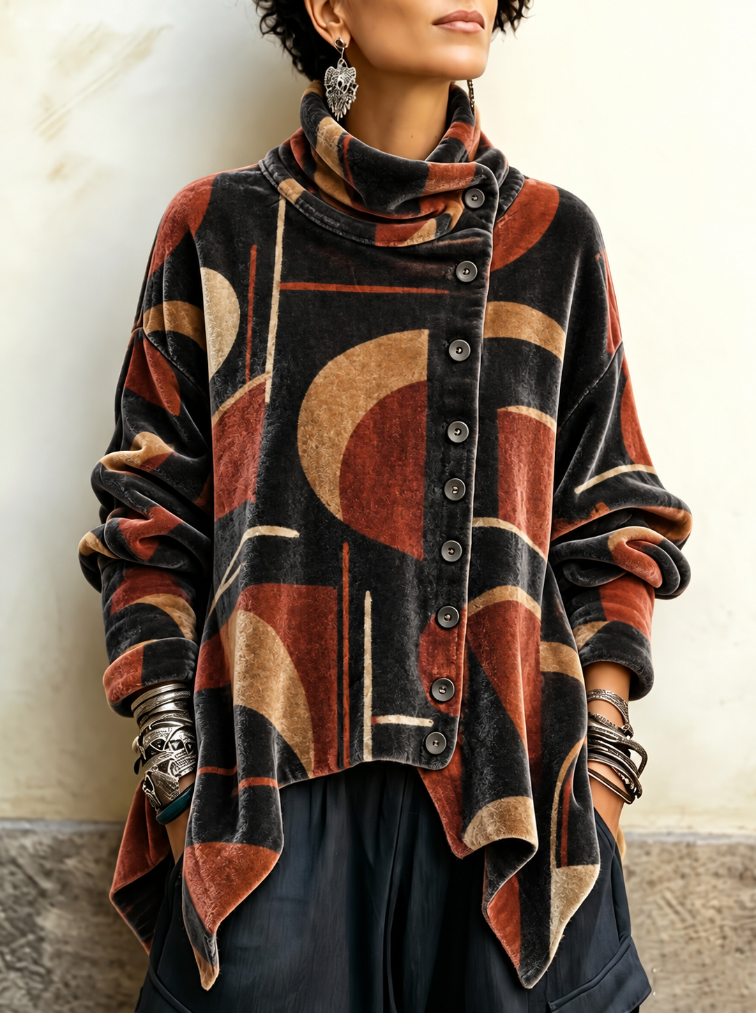 Artisan Abstract Velvet Button Tunic Top