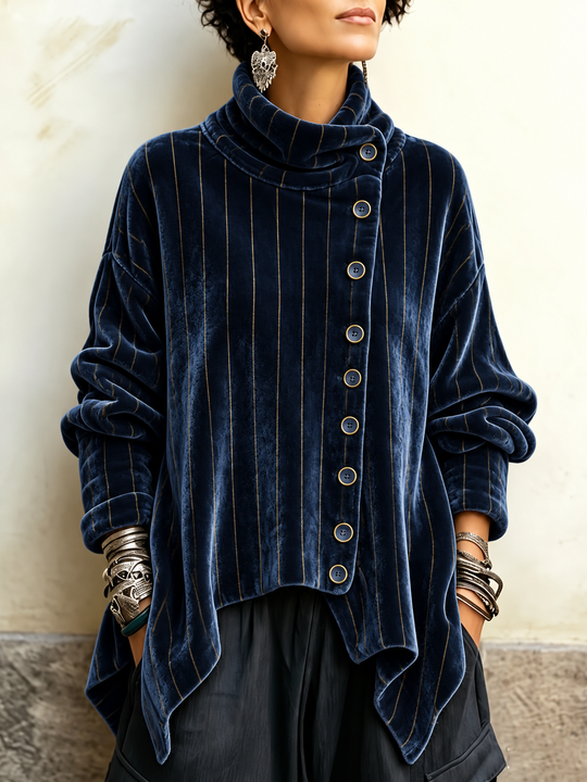 Navy Striped Tunic with Funnel Neck