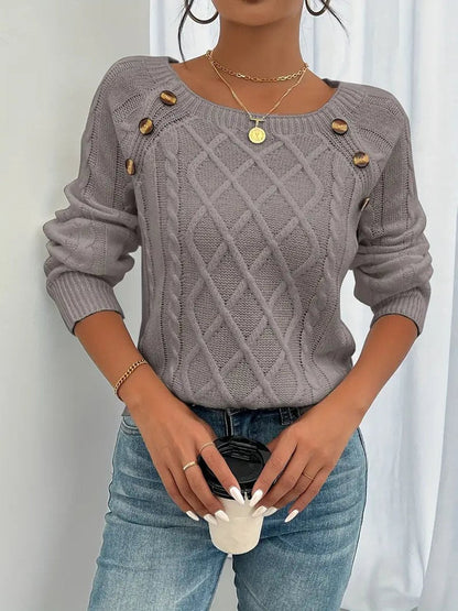 Penelope | Women's Cable Knit Sweater Raglan-Sleeve Button-Detail Pullover
