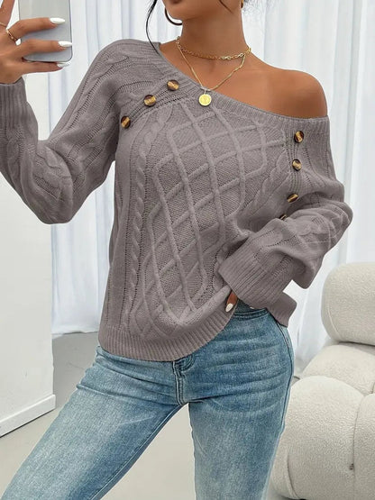 Penelope | Women's Cable Knit Sweater Raglan-Sleeve Button-Detail Pullover