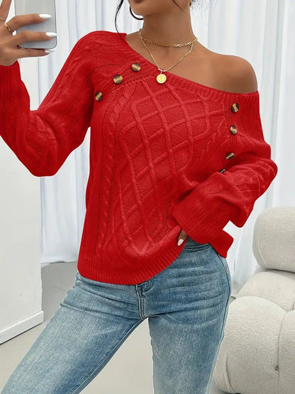 Penelope - Women's Cable Knit Sweater Raglan-Sleeve Button-Detail Pullover