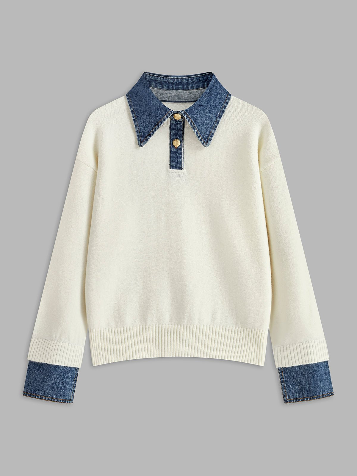Mia - Women's Denim-Collar Knit Polo Sweater