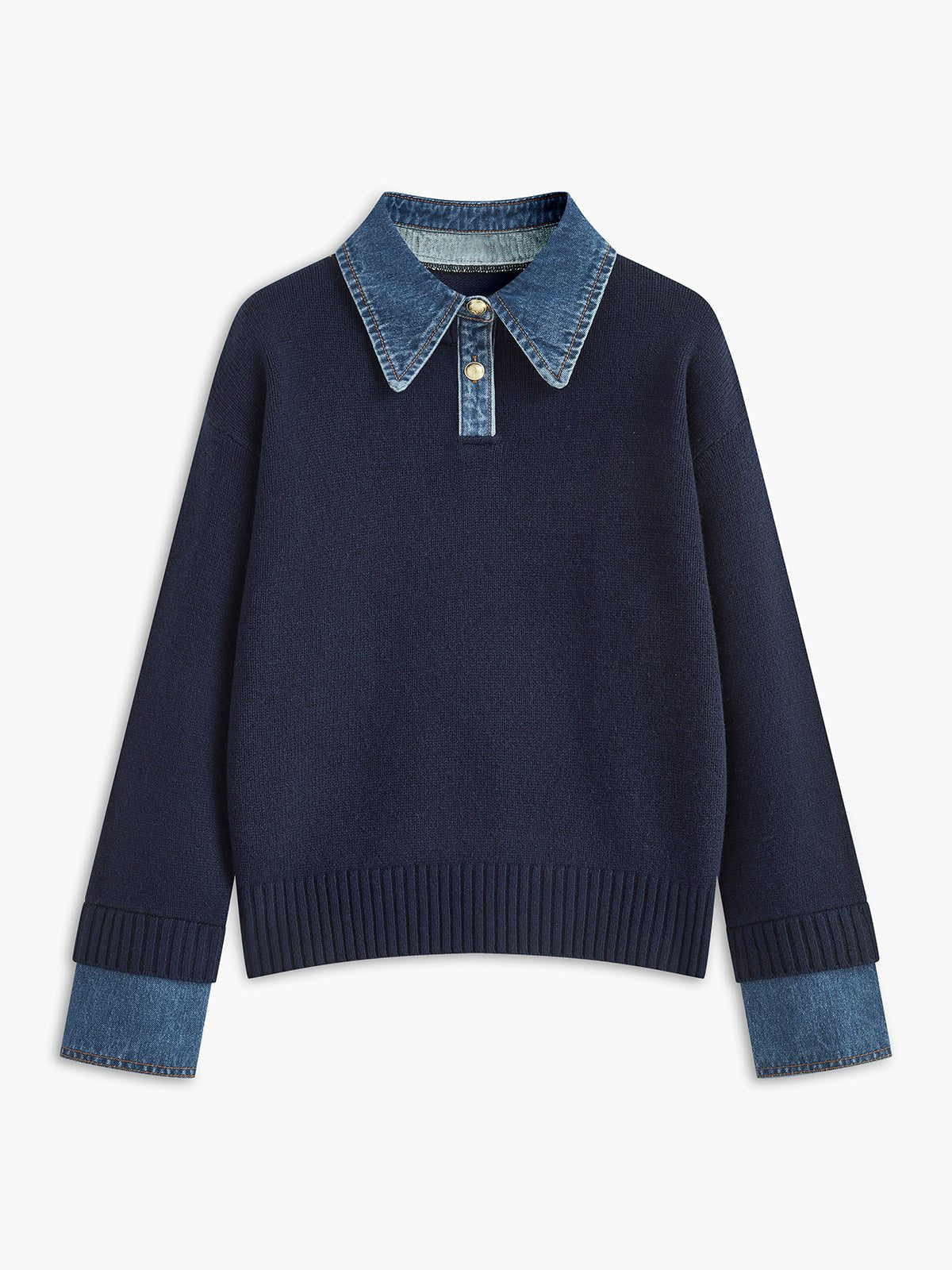 Mia - Women's Denim-Collar Knit Polo Sweater
