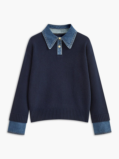 Mia - Women's Denim-Collar Knit Polo Sweater