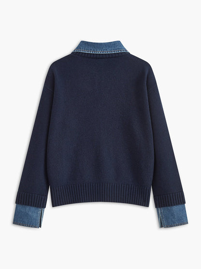 Mia - Women's Denim-Collar Knit Polo Sweater