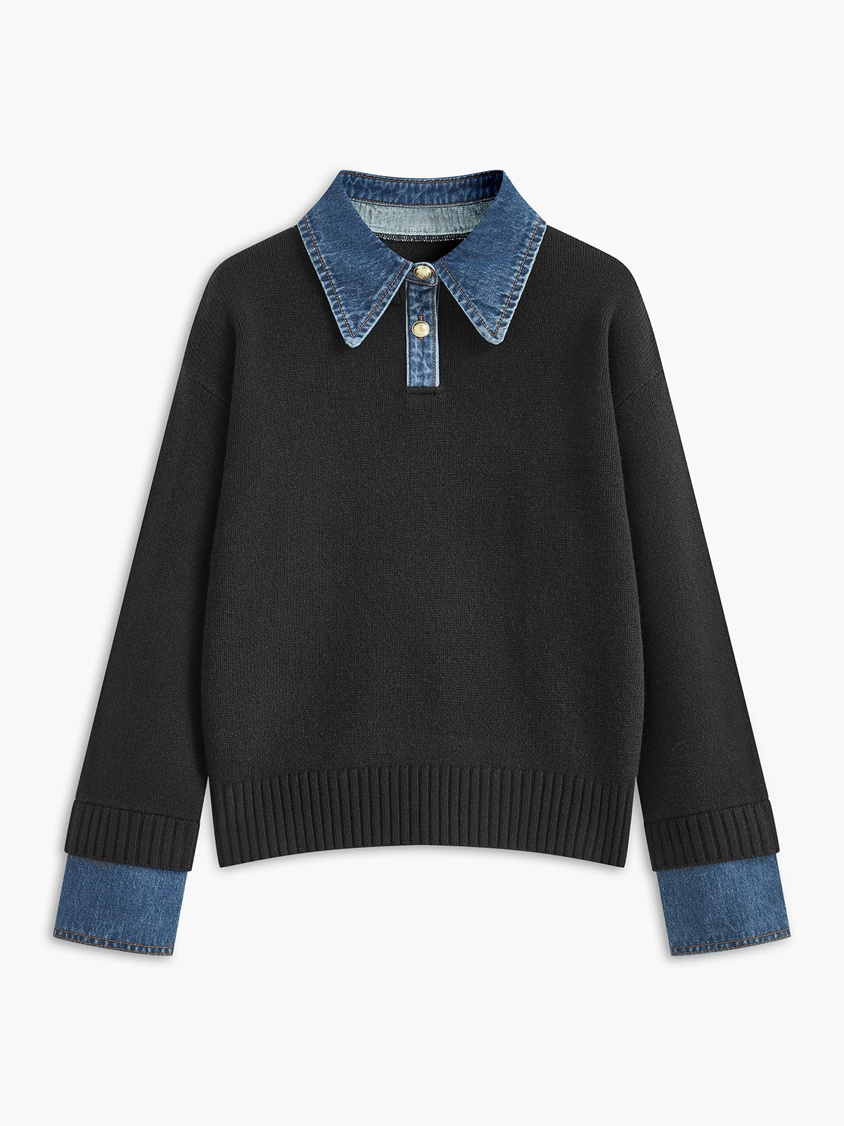 Mia - Women's Denim-Collar Knit Polo Sweater