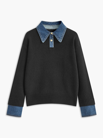 Mia - Women's Denim-Collar Knit Polo Sweater