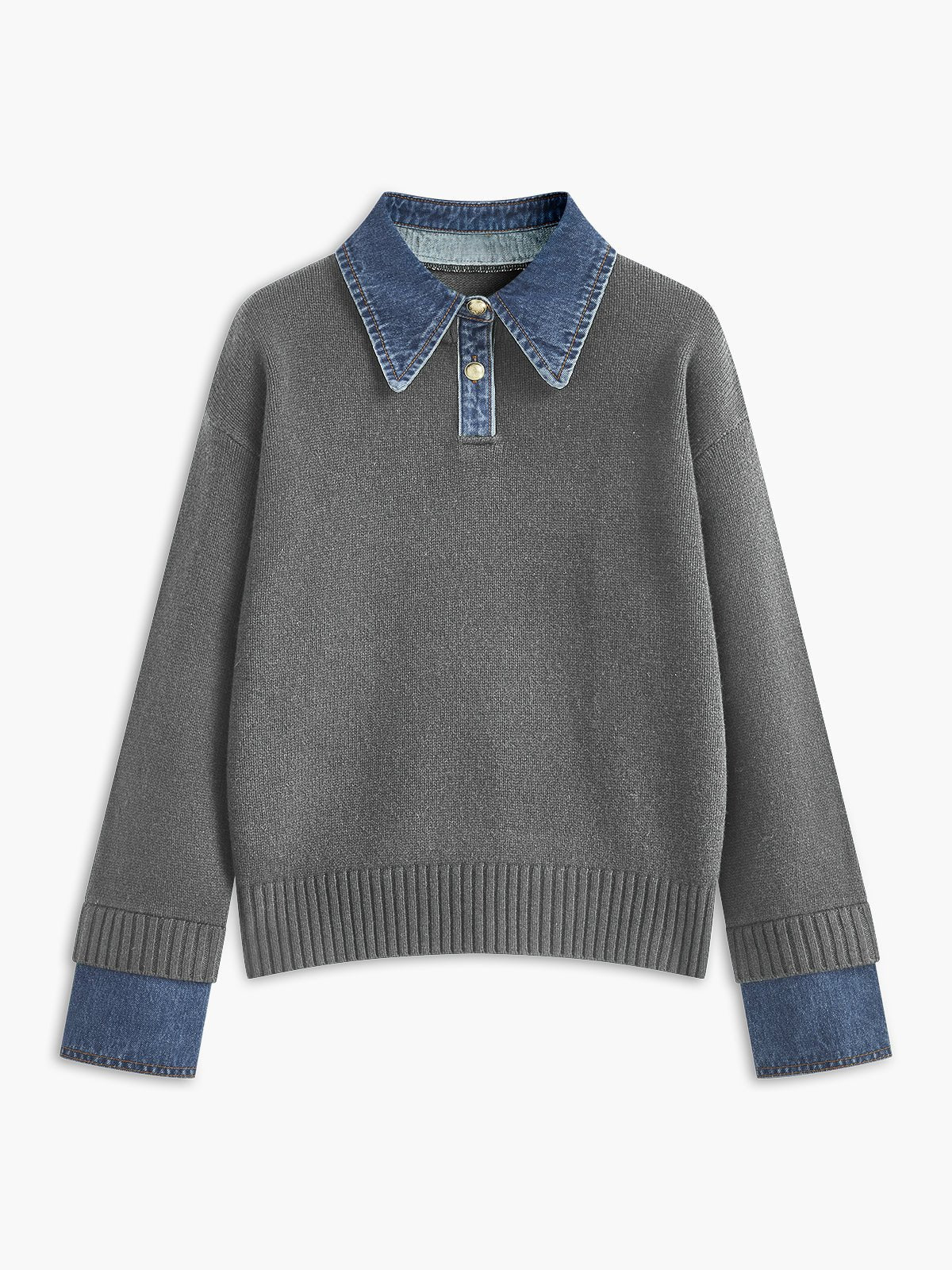 Mia - Women's Denim-Collar Knit Polo Sweater