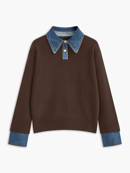 Mia | Women's Denim-Collar Knit Polo Sweater