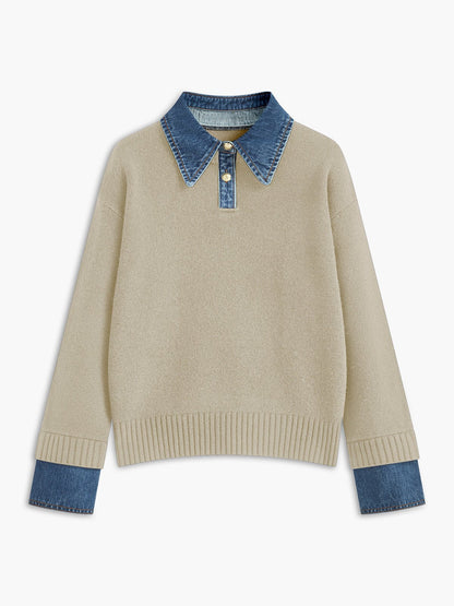 Mia - Women's Denim-Collar Knit Polo Sweater