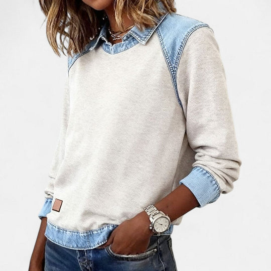 Isabella | Women's Denim-Collar Raglan Knit Sweater Long Sleeve Pullover