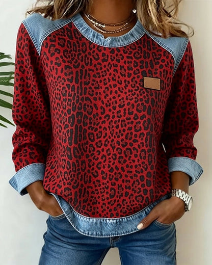 Olivia | Women's Leopard Print Denim Patchwork Pullover Sweater