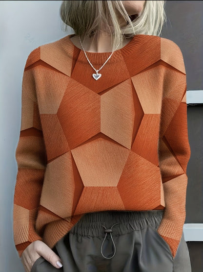 Charlotte - Women's Long-Sleeve Geometric Print Knit Sweater Crewneck Top
