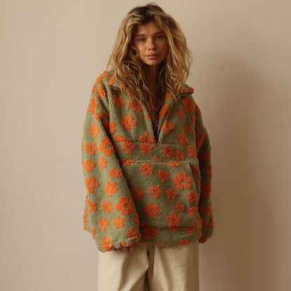 Penelope | Women's Oversized Floral Sherpa Fleece Half-Zip Pullover Sweater