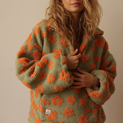 Penelope | Women's Oversized Floral Sherpa Fleece Half-Zip Pullover Sweater