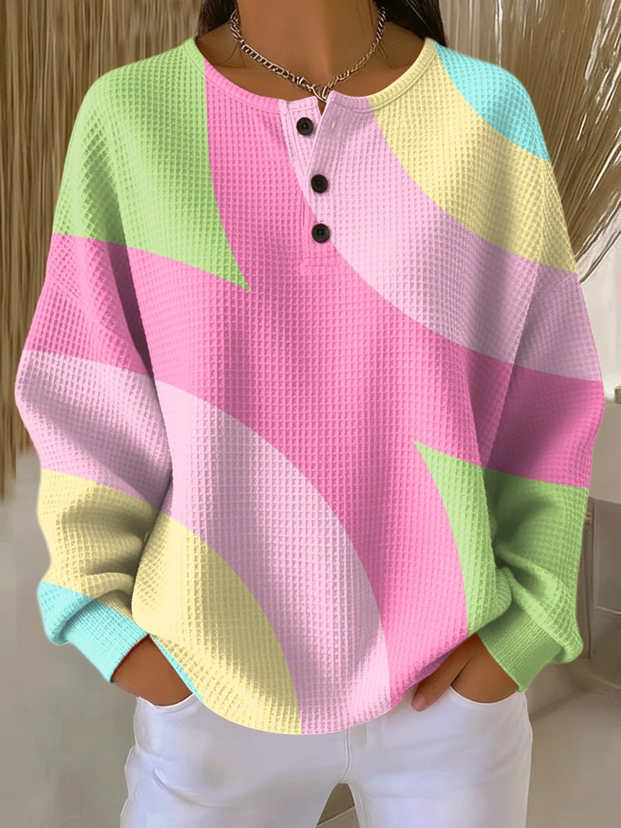Isabella - Women's Pastel Color Block Waffle-Knit Henley Pullover Sweater