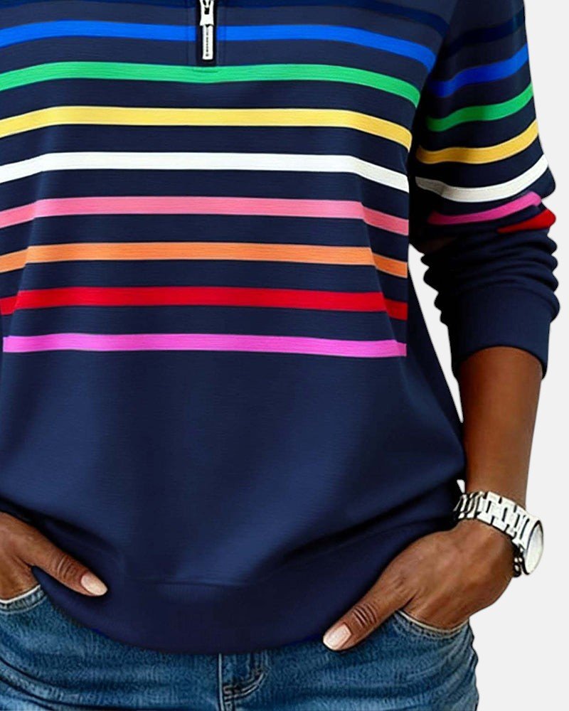 Madison - Women's Quarter Zip Sweatshirt Striped Long Sleeve Pullover