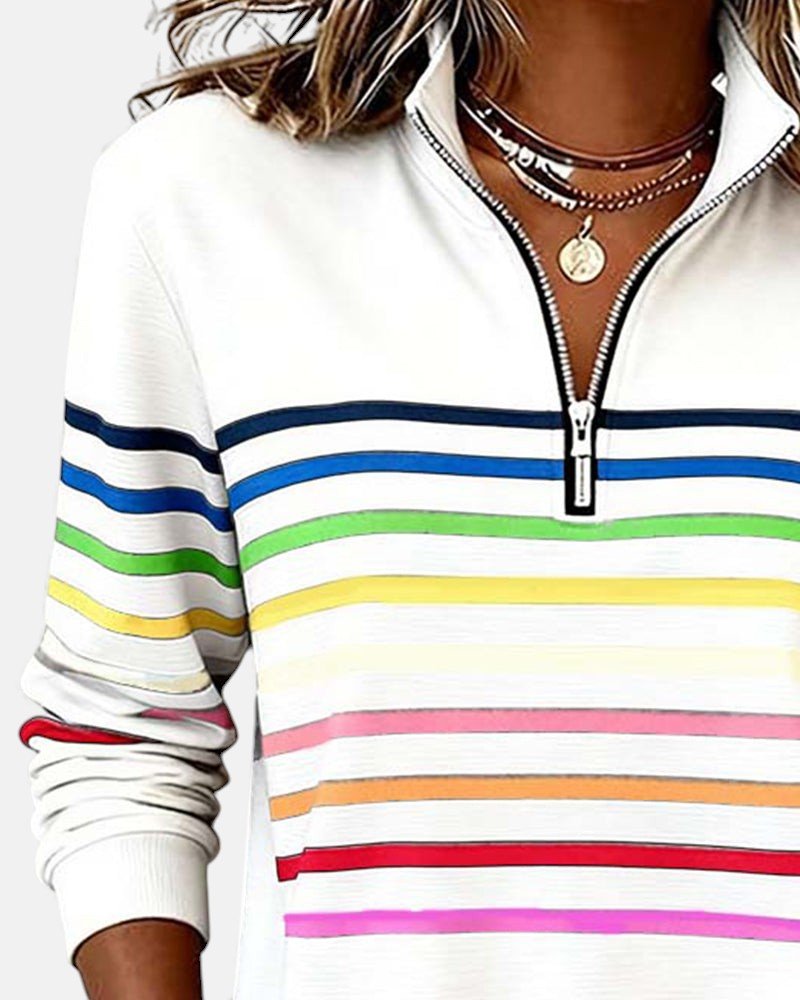 Madison - Women's Quarter Zip Sweatshirt Striped Long Sleeve Pullover