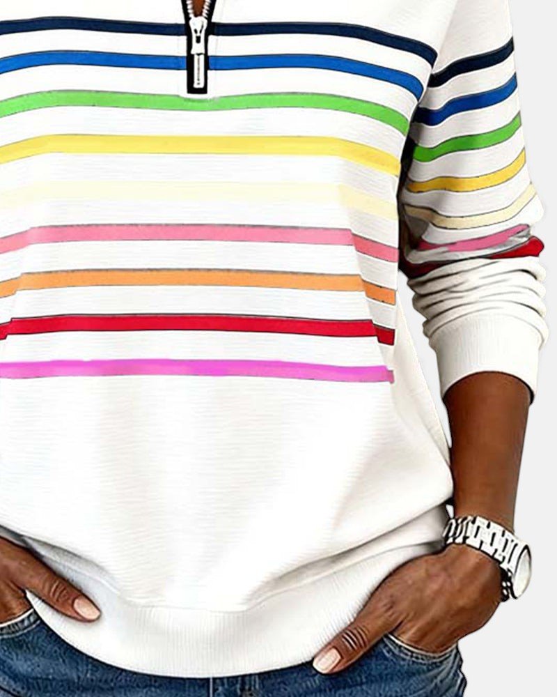 Madison - Women's Quarter Zip Sweatshirt Striped Long Sleeve Pullover