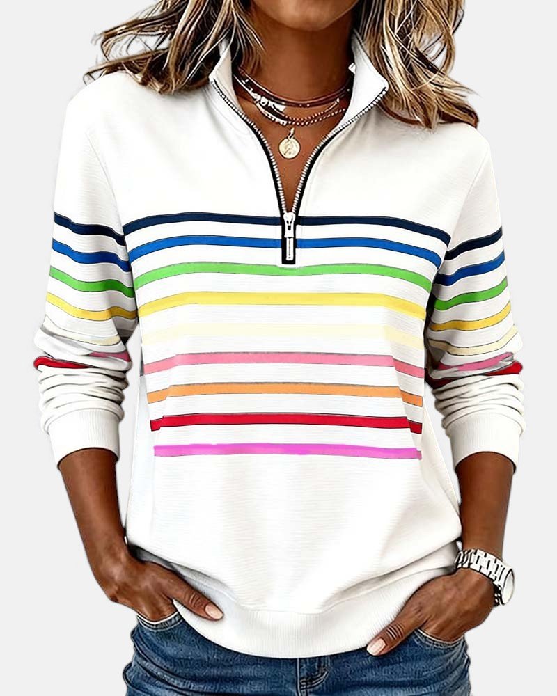 Madison - Women's Quarter Zip Sweatshirt Striped Long Sleeve Pullover