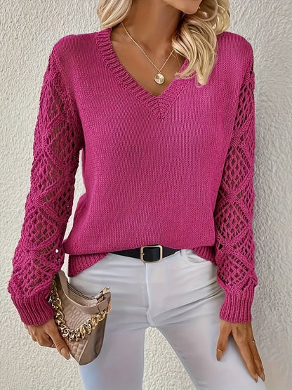 Amelia | Women's V-Neck Hollow-Sleeve Pullover Knit Sweater