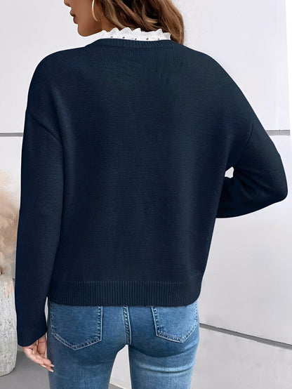 Grace | Women's V-Neck Lace-Trim Knit Pullover Sweater